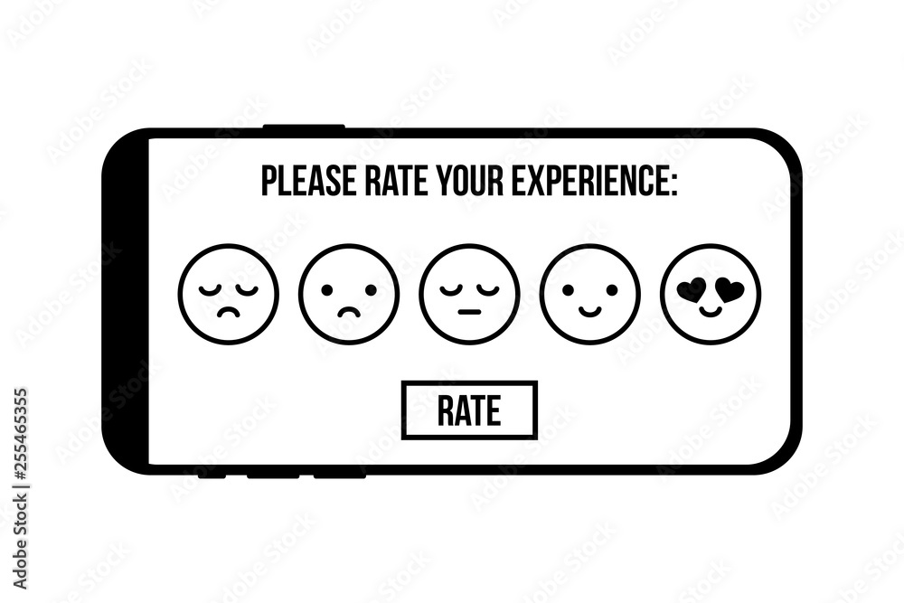 Customer service rating with outline emoji faces on mobile, smartphone screen, display.