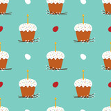 Cartoon vector seamless pattern background for Orthodox Easter Day with easter cake called kulich, eggs and willow branches.