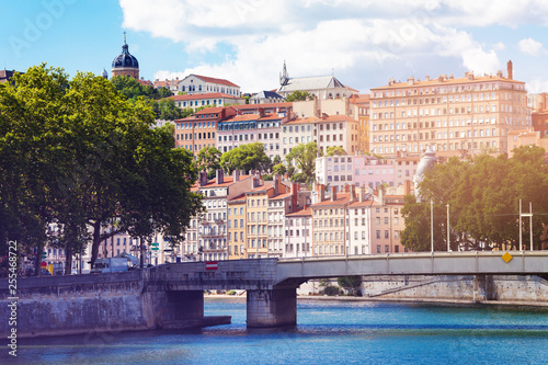 Saone quay with Pont de La Feuillee bridge, Lyon photo