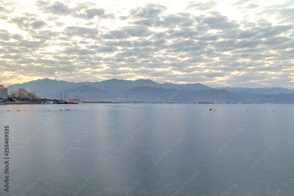 View of Red Sea with mountain and Aqaba city in Jordan.