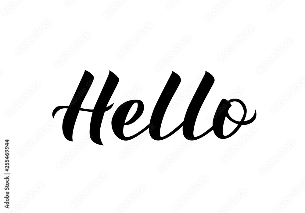 Fototapeta Hello calligraphy lettering isolated on white. Hand drawn typography poster. Word Hello written with brush. Vector template for greeting cards, welcome banners, social media stories and posts, flyers.