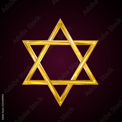 Jewish Star of David. Golden six-pointed star on a dark background. 3d realistic hexagonal figure. Gold Magen David. Vector icon. Easy to edit template for jour designs.