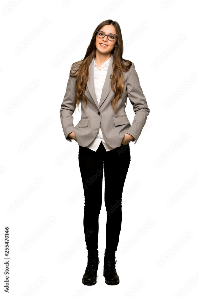 Full-length shot of Business woman posing and laughing looking to the front on isolated white background
