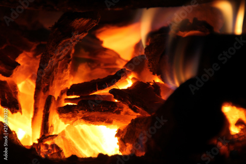 burning firewood in the stove for cooking,embers,glowing coals