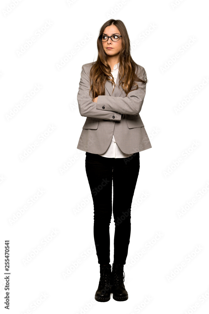 Full-length shot of Business woman feeling upset on isolated white background Full-length shot of Business woman feeling upset on isolated white background