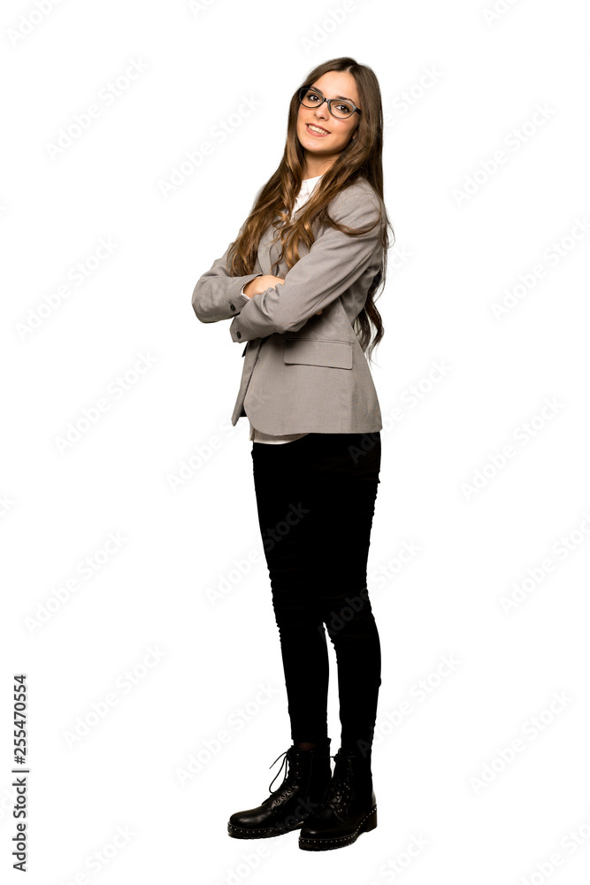 Full-length shot of Business woman with arms crossed and looking forward on isolated white background Full-length shot of Business woman with arms crossed and looking forward on isolated white background