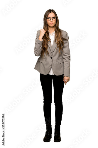 Full-length shot of Business woman with angry gesture on isolated white background