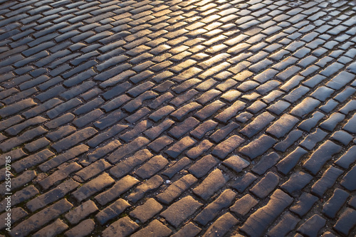Fotografie Close up view of wet, dark and sunlit cobble paved street, Edinburgh