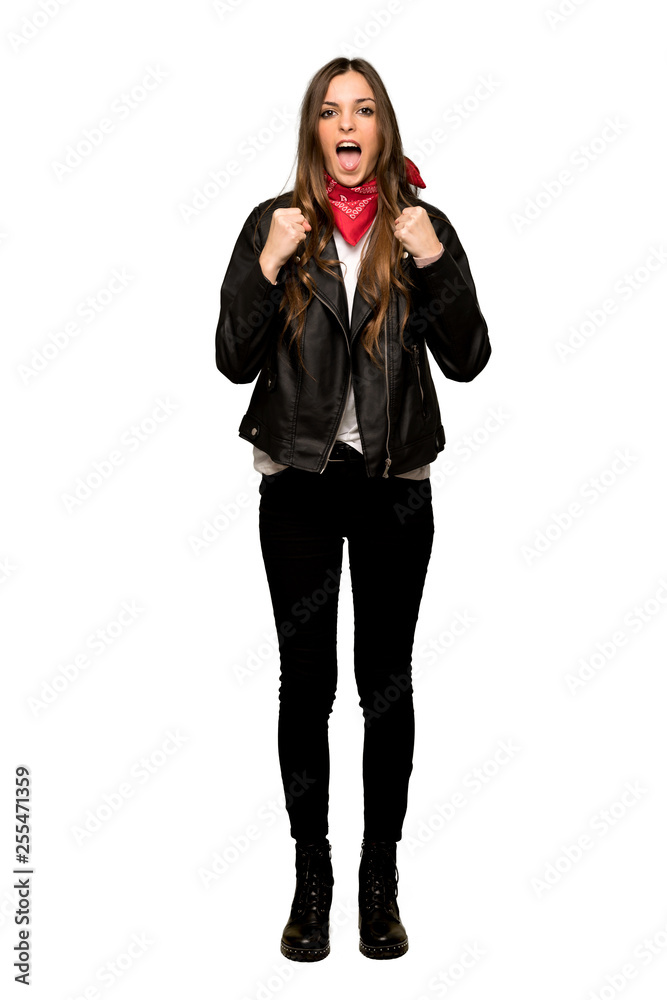 Full-length shot of Young woman with leather jacket frustrated by a bad situation on isolated white background Full-length shot of Young woman with leather jacket frustrated by a bad situation on isolated white background