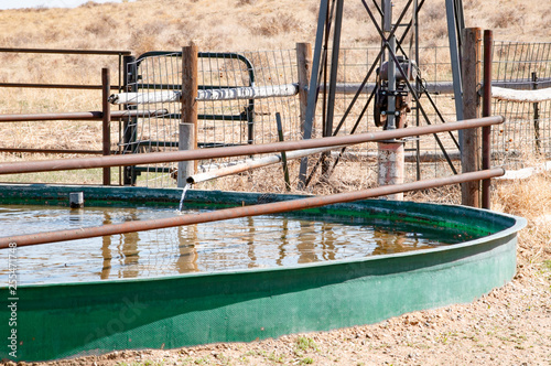 Livestock water tank supplied by a windmill photo