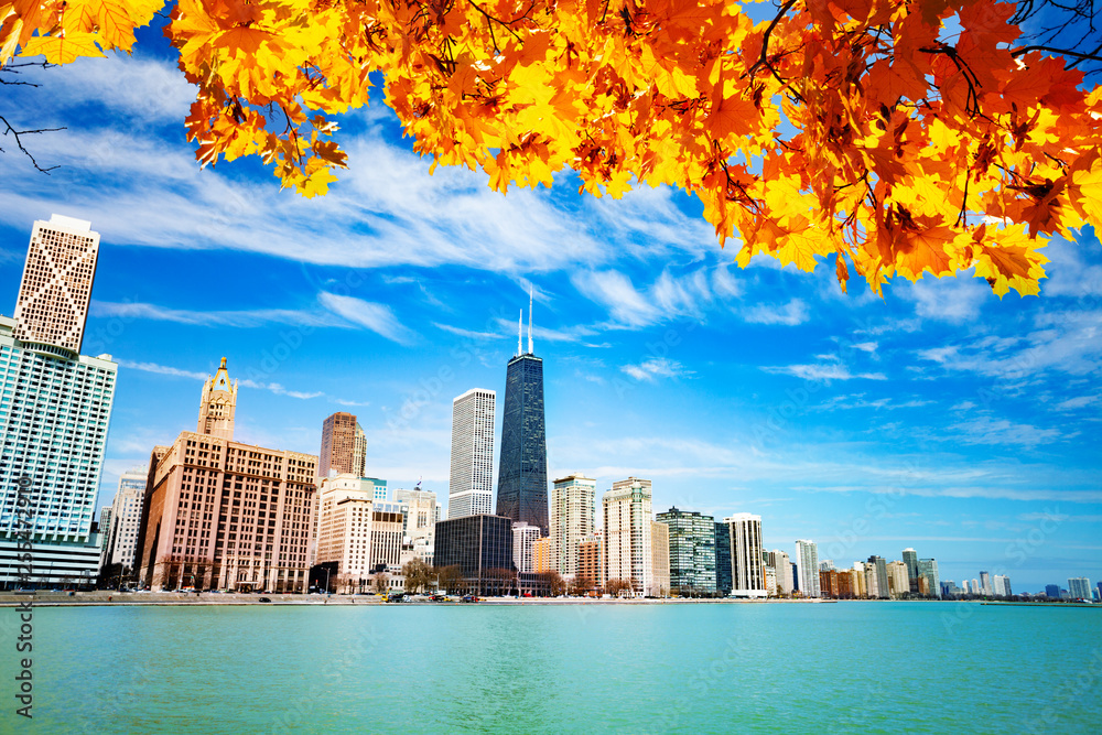 Fototapeta premium Widok na nabrzeże z jesiennymi liśćmi Chicago