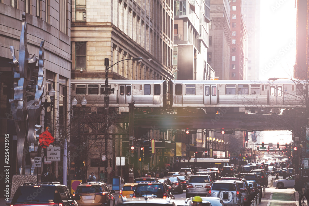 Busy street in Chicago downtown cars and metro