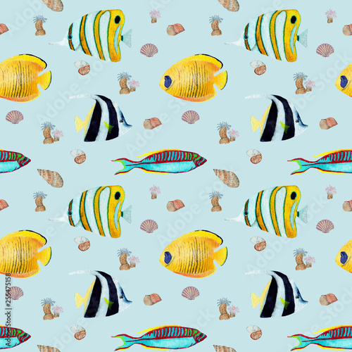 Hand drawn seamless pattern in watercolor natural element. Corals shells fish on baby blue background