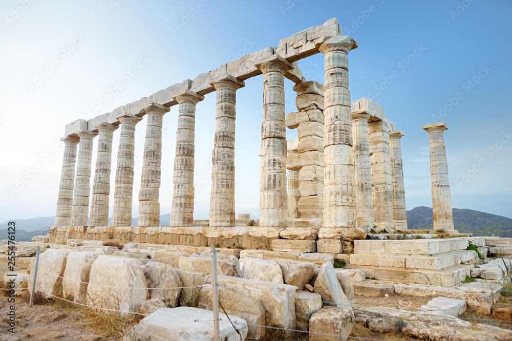 The Ancient Greek temple of Poseidon at Cape Sounion, one of the major monuments of the Golden Age of Athens.