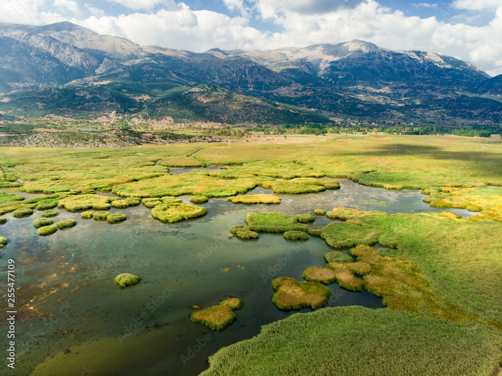 Aerial view of Stymphalia lake, located in the north-eastern part of the Peloponnese, in Corinthia, southern Greece