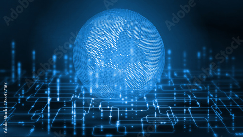 3D Rendering of wire frame dotted globe on abstract computer software programming flow chart background.  For tech wallpaper, crypto currency concept. photo