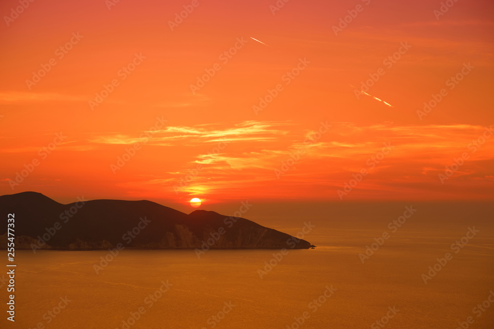 Beautiful sunset colors over the coastline of Cephalonia island, Greece.