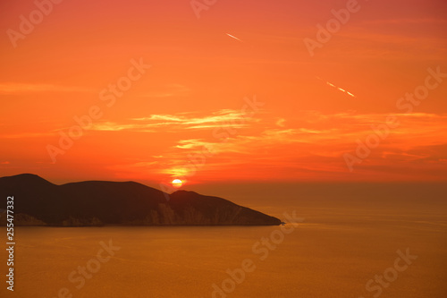 Beautiful sunset colors over the coastline of Cephalonia island  Greece.