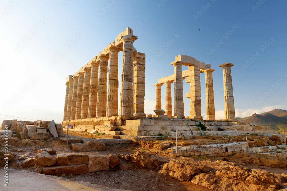 The Ancient Greek temple of Poseidon at Cape Sounion, one of the major monuments of the Golden Age of Athens.