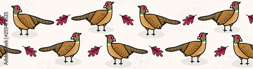 Cute pheasant cartoon seamless vector border background. Hand drawn wildlife bird illustration, forest animal for woodland Fashion Prints.