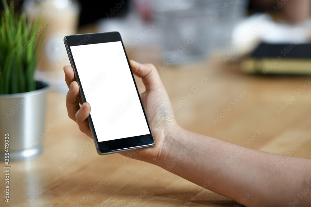 Girl with a blank screen mobile smartphone in her hand. Girl with a blank screen mobile smartphone in her hand.