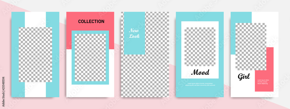 Modern minimal square shape template in pink, blue, turquoise, red and white color with frame. Corporate advertising template for social media stories, story, business banner, flyer, and brochure.