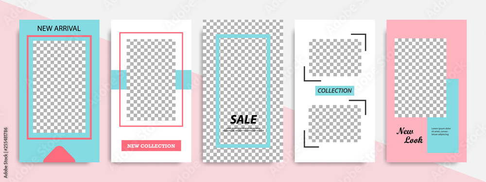 Modern minimal square shape template in pink, blue, turquoise, red and white color with frame. Corporate advertising template for social media stories, story, business banner, flyer, and brochure.