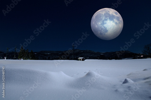雪原の満月と雪の上に残る小動物の足跡