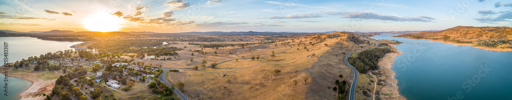 Wide aerial panorama of Lake Hume Village and Murray River at sunset