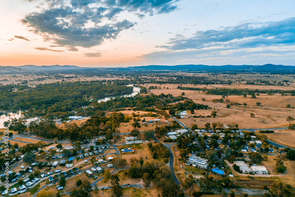 Aerial view of Lake Hume Village and Murray River at dusk