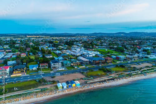 Aerial view of colorful beach boxes and luxury houses on Mornington Peninsula, Melbourne, Australia