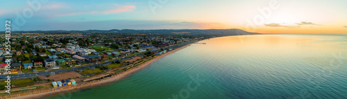 Beautiful aerial panorama of Mornington Peninsula coastline and Port Phillip Bay at dusk