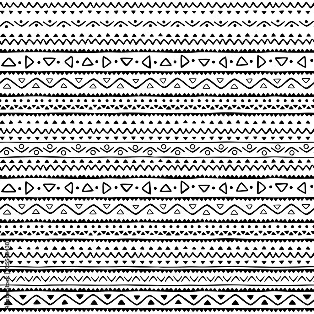 geometric abstract seamless pattern, modern hand drawn style ethnic inspired in black and white