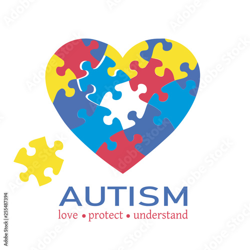 Autism awareness concept vector. Colorful heart puzzle.