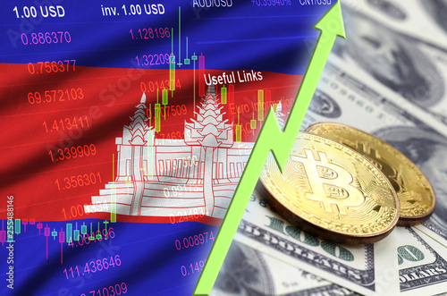 Cambodia flag and cryptocurrency growing trend with two bitcoins on dollar bills photo