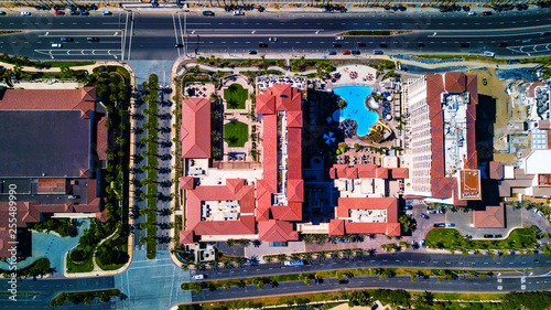 Pacific Coast Highway Past Huntington Beach Drone Aerial Of Hotels And Pier