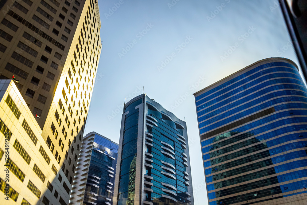 District downtown. View of the beautiful modern high-rise buildings. District downtown. View of the beautiful modern high-rise buildings.