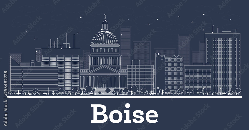 Outline Boise Idaho City Skyline with White Buildings.