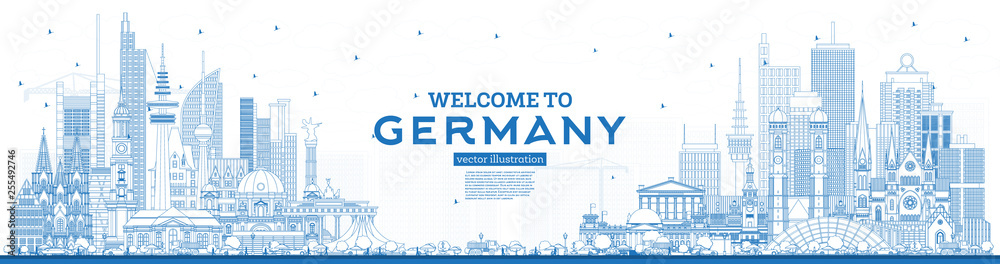 Outline Welcome to Germany Skyline with Blue Buildings.