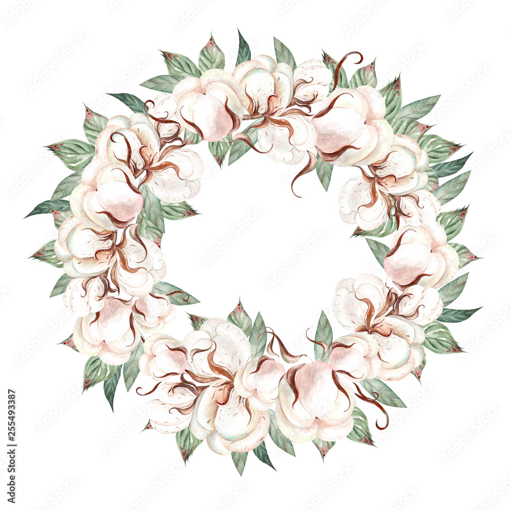Fototapeta premium Beautiful watercolor wedding wreath with eucalyptus, cotton and leaves. 