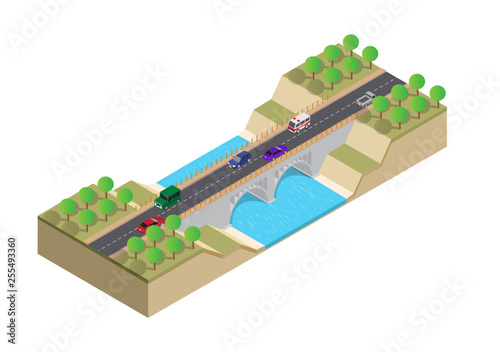 Isometric highway on the bridge over the river