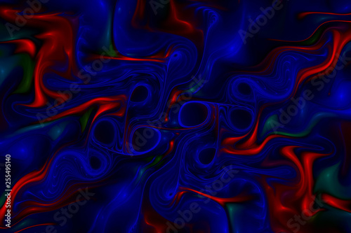 Abstract glossy blue and red zigzags. Fantastic wavy texture. Digital fractal art. 3d rendering.
