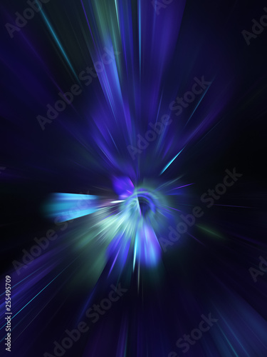 Abstract holiday background with blurred blue rays and sparkles. Fantastic light effect. Digital fractal art. 3d rendering.