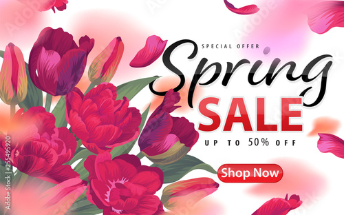 Enjoy spring sale with blooming beautiful red tulip flowers background template. Vector set of exotic tropical garden for web design, voucher, brochures and banners design.