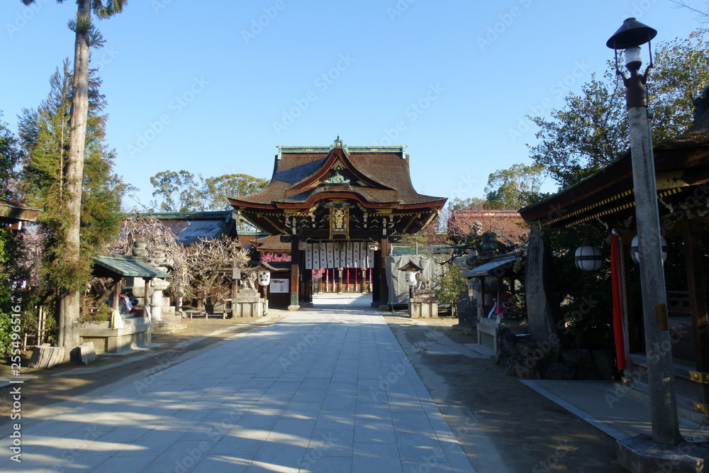 京都、北野天満宮の三光門と参道の梅