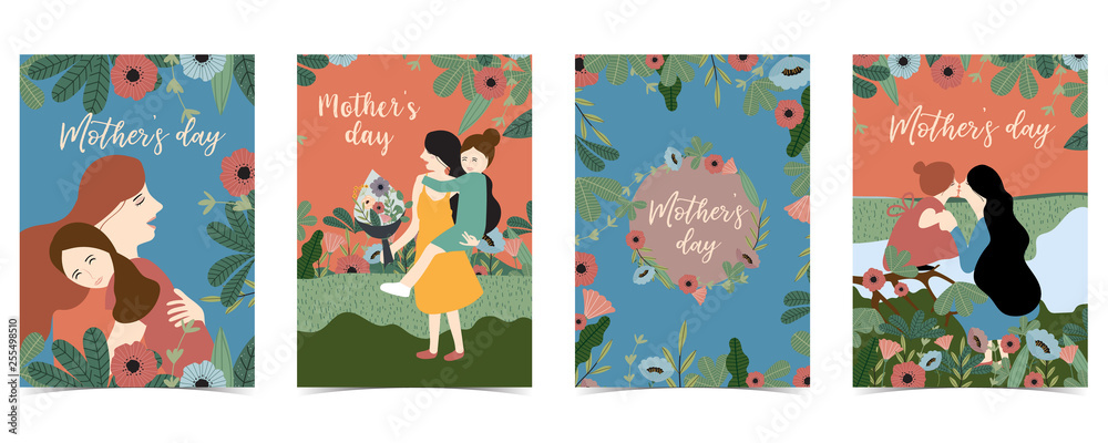 Blue,pink Mother's Day with women,daughter,flower,hat and leaf Blue,pink Mother's Day with women,daughter,flower,hat and leaf