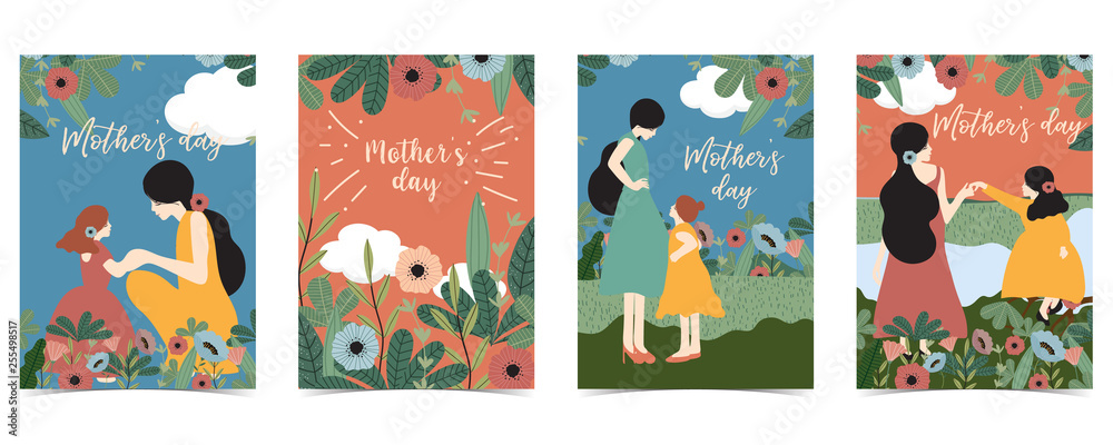 Blue,pink Mother's Day with women,daughter,flower,hat and leaf Blue,pink Mother's Day with women,daughter,flower,hat and leaf