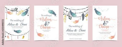 Geometry pink gold wedding invitation card with feather and frame