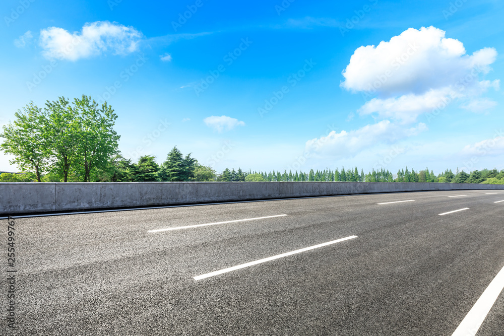 Fototapeta premium Asphalt road and green woods in the countryside nature park