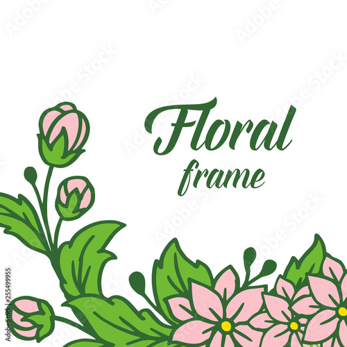 Vector illustration pink floral frame blooms with green leaves